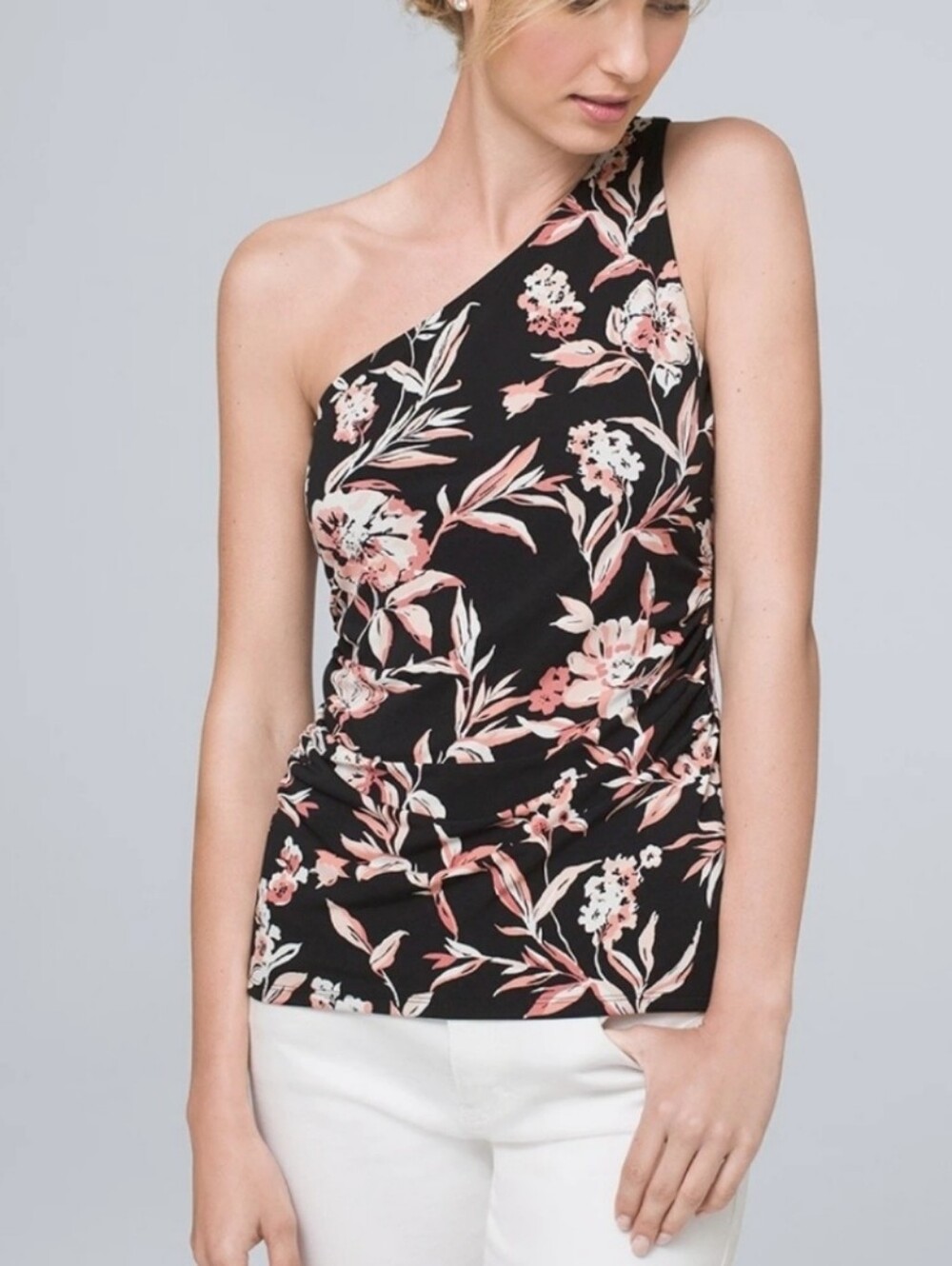 White House Black Market floral one shoulder sleeveless top Stretch Pink Sz M